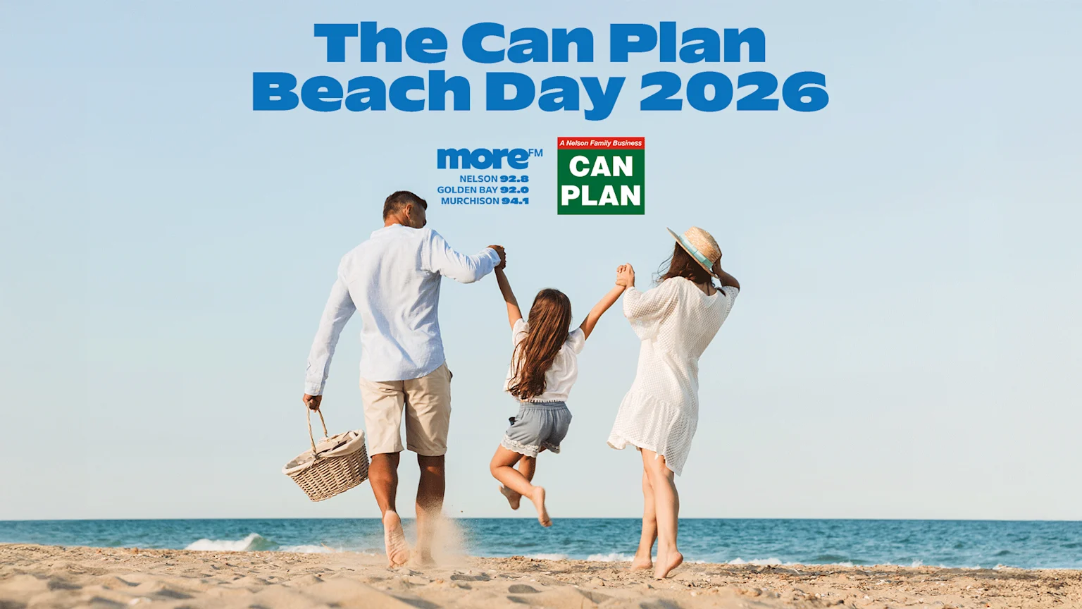 A family walks hand-in-hand on a beach towards the ocean under clear skies, with "The Can Plan Beach Day 2026" text and logos for Can Plan and More FM displayed.
