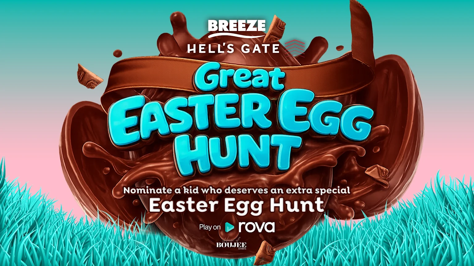 Exploded Easter Egg on a teal background with the words 'Great Easter Egg Hunt' in blue
