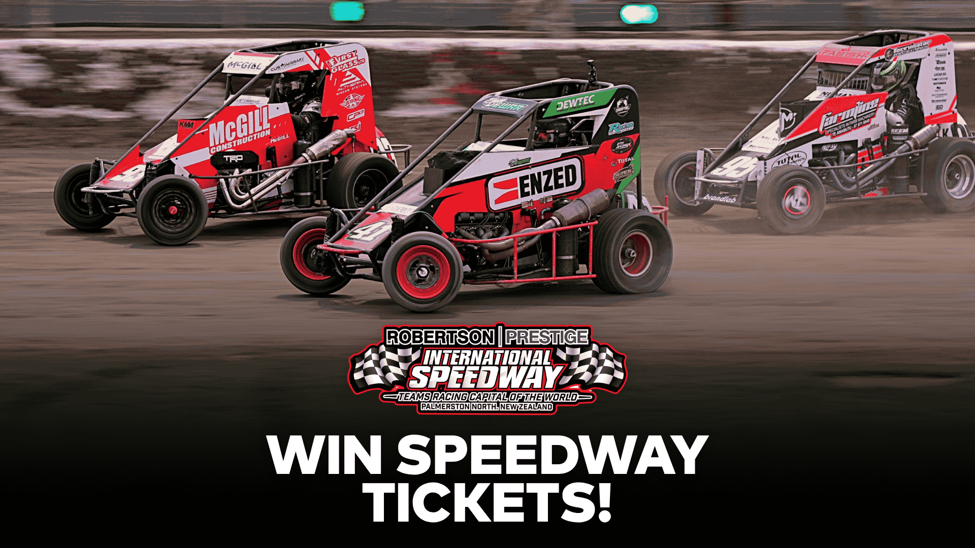 Three midget cars race on a dirt speedway track, with the Robertson Prestige International Speedway logo and "WIN SPEEDWAY TICKETS!" text displayed below.