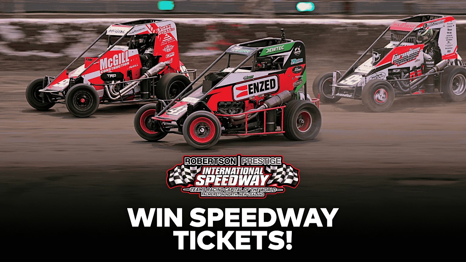 Three midget cars race on a dirt speedway track, with the Robertson Prestige International Speedway logo and "WIN SPEEDWAY TICKETS!" text displayed below.