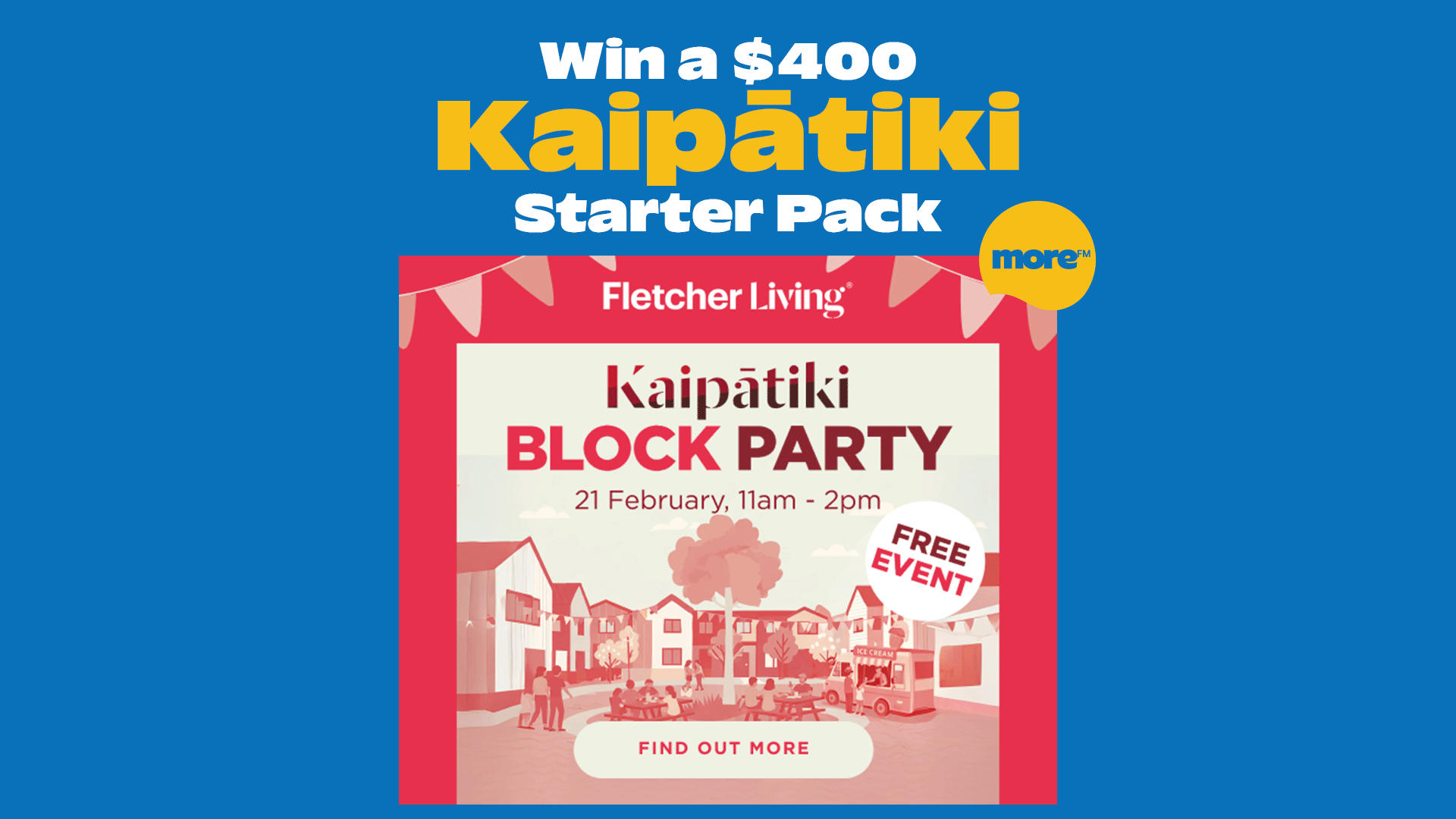 Promotional graphic for the Kaipātiki Block Party on 21 February from 11am to 2pm. Features a stylized street scene with picnic tables, socializing people, an ice cream truck, and logos for Fletcher Living and More FM. The event is free and offers a chance to win a $400 Kaipātiki Starter Pack.