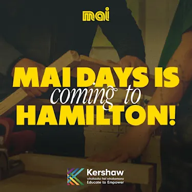 Storme's coming to Hamilton with Kershaw training. Image of Storme behind the text with a woodworking class/demo behind.