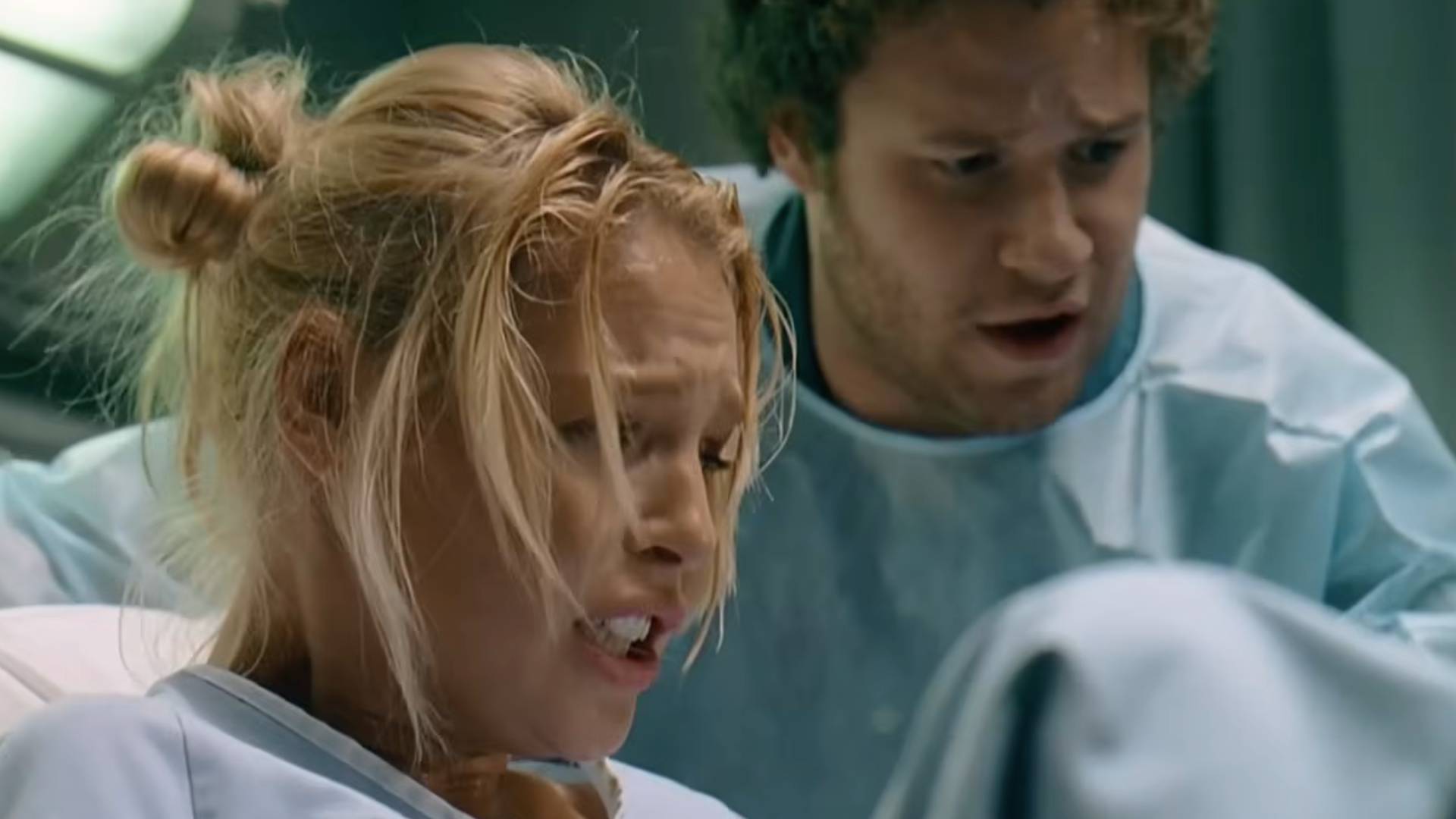 Kathering Heigl and Seth Rogen in the birth scene from Knocked Up. 