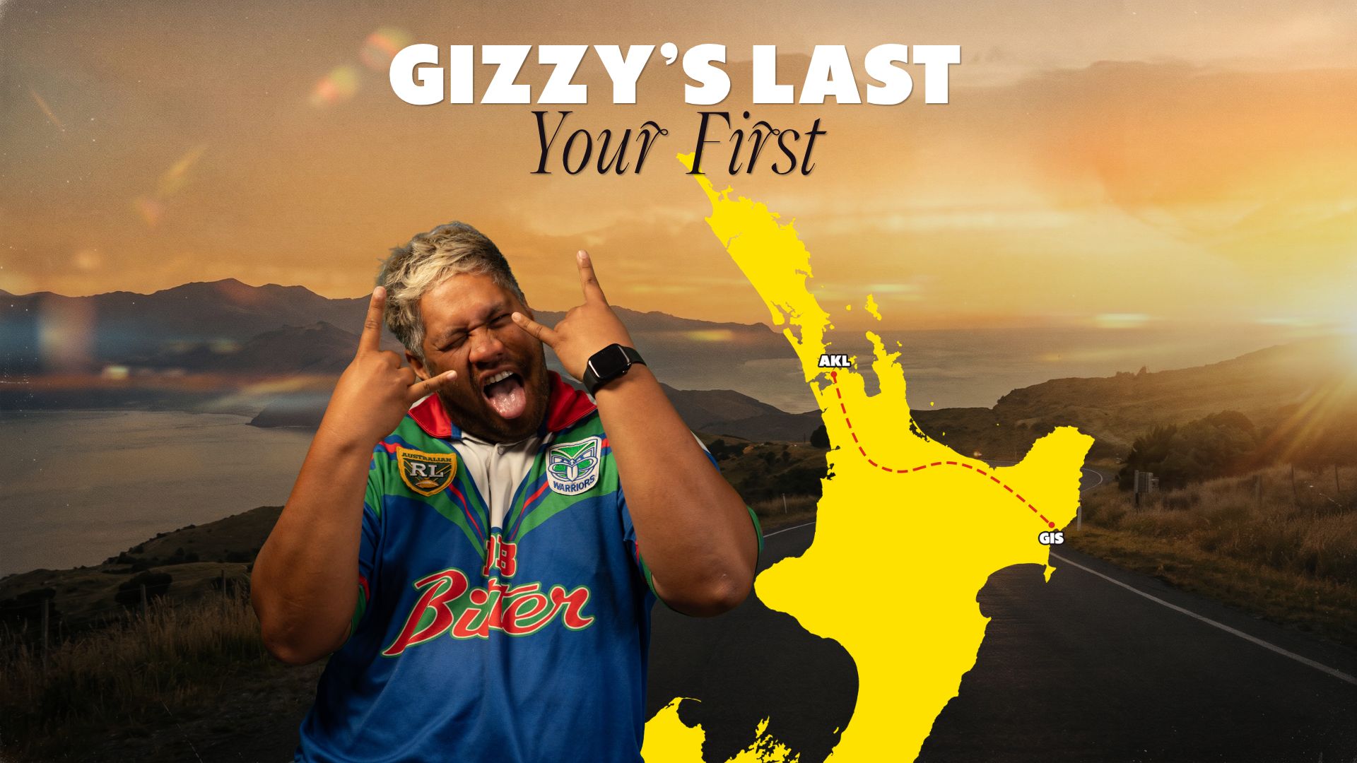 An expressive person in a rugby jersey makes a rock-on gesture while a map of New Zealand's North Island with a route from Auckland to Gisborne is overlaid on a sunset road scene with mountains and water. Text reads 'GIZZY'S LAST Your First'.