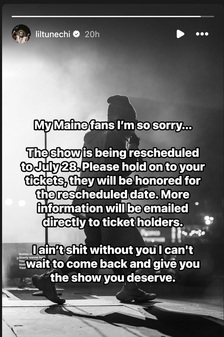 A black and white photo of a performer on stage from behind, with text from liltunechi apologizing to fans for a rescheduled show date of July 28.