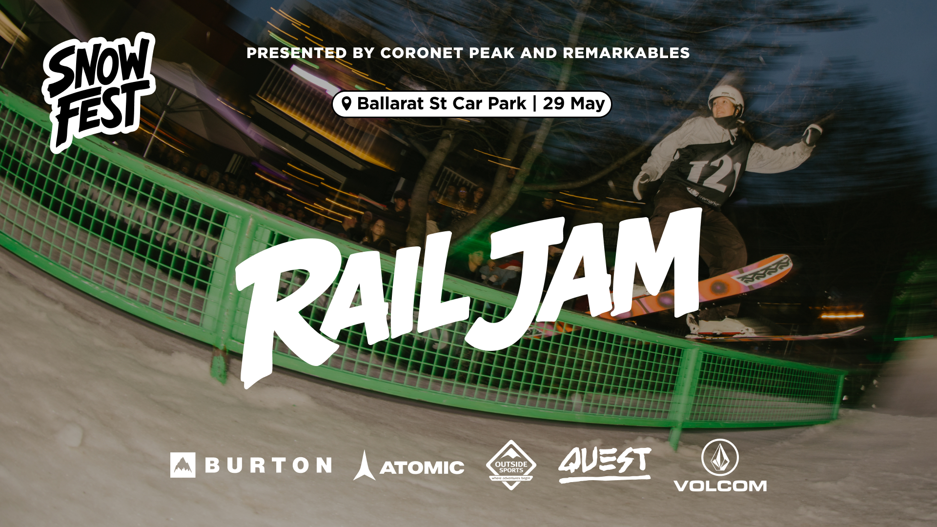 A snowboarder grinds a green rail at a night Snow Fest Rail Jam event, with event details and sponsor logos visible.