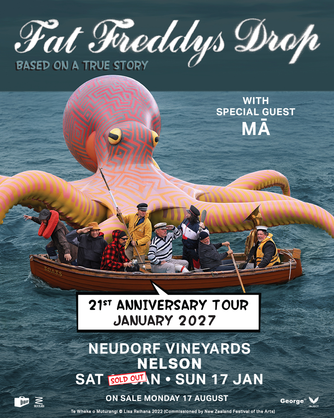 A large, patterned octopus sculpture rises from the sea behind a boat of musicians for the 'Fat Freddy's Drop: Based on a True Story' 21st Anniversary Tour, January 2027.