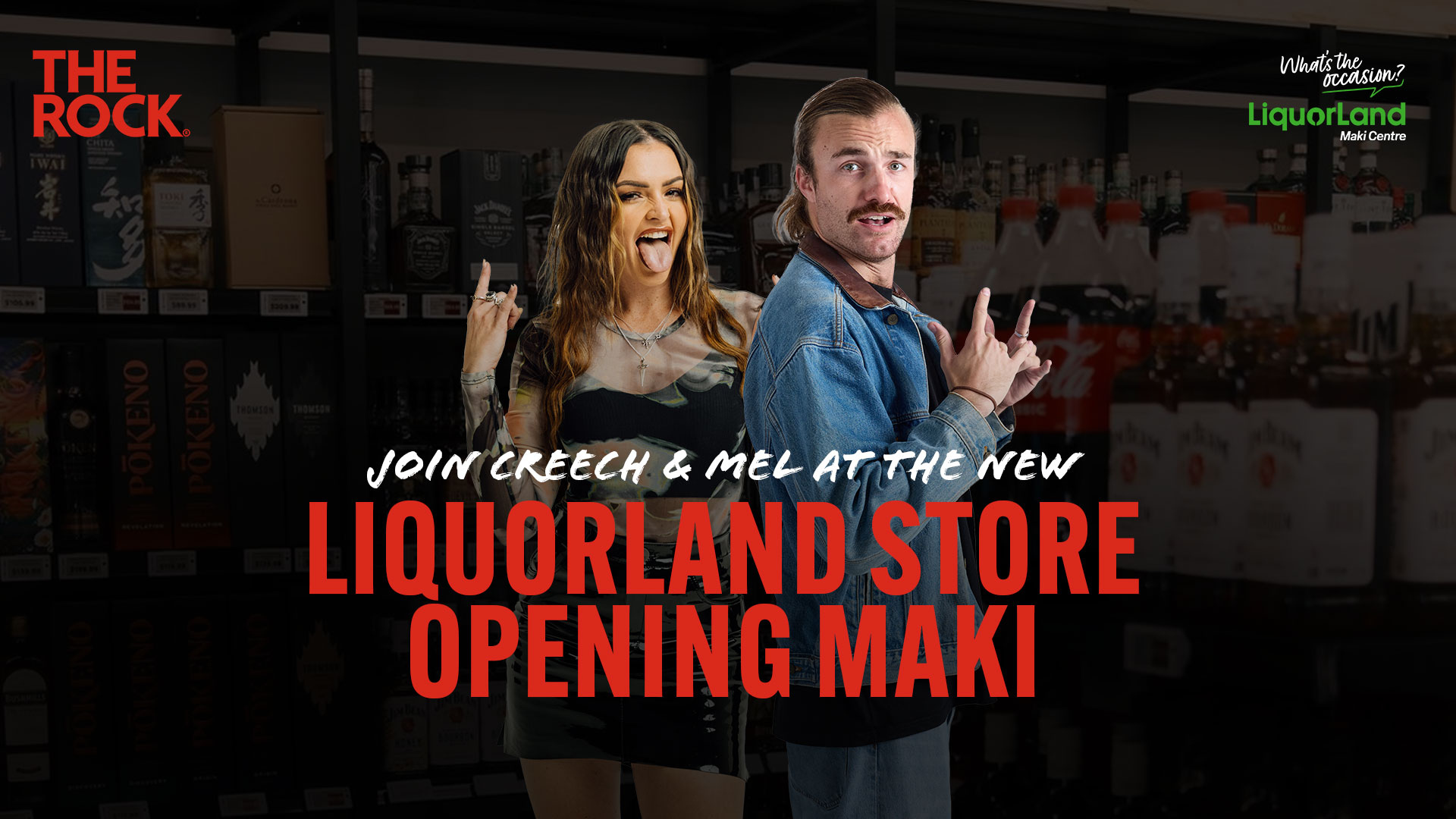 Creech and Mel, a woman with her tongue out and a man with a mustache, make rock gestures in a liquor store, with text announcing "JOIN CREECH & MEL AND THE NEW LIQUORLAND STORE OPENING."