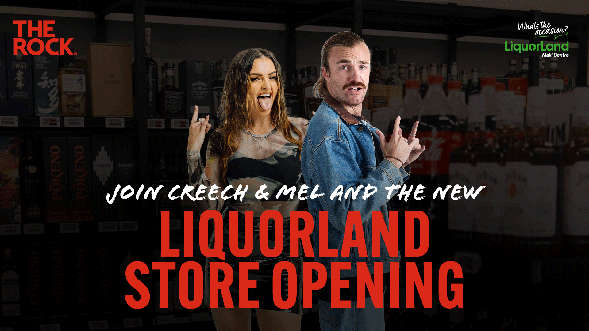 Creech and Mel, a woman with her tongue out and a man with a mustache, make rock gestures in a liquor store, with text announcing "JOIN CREECH & MEL AND THE NEW LIQUORLAND STORE OPENING."