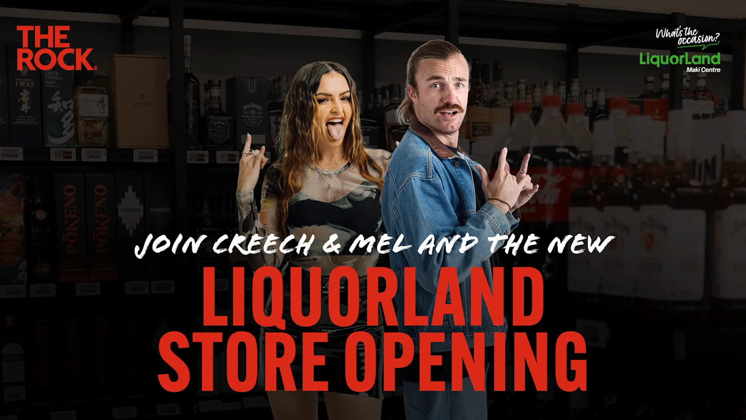 Creech and Mel, a woman with her tongue out and a man with a mustache, make rock gestures in a liquor store, with text announcing "JOIN CREECH & MEL AND THE NEW LIQUORLAND STORE OPENING."
