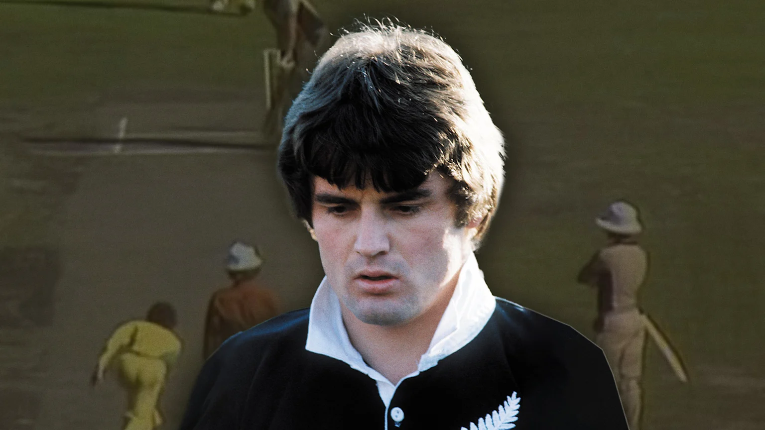 Image of Brian McKechnie in an All Blacks jersey on an image of the 1981 Australia vs New Zealand cricket match.