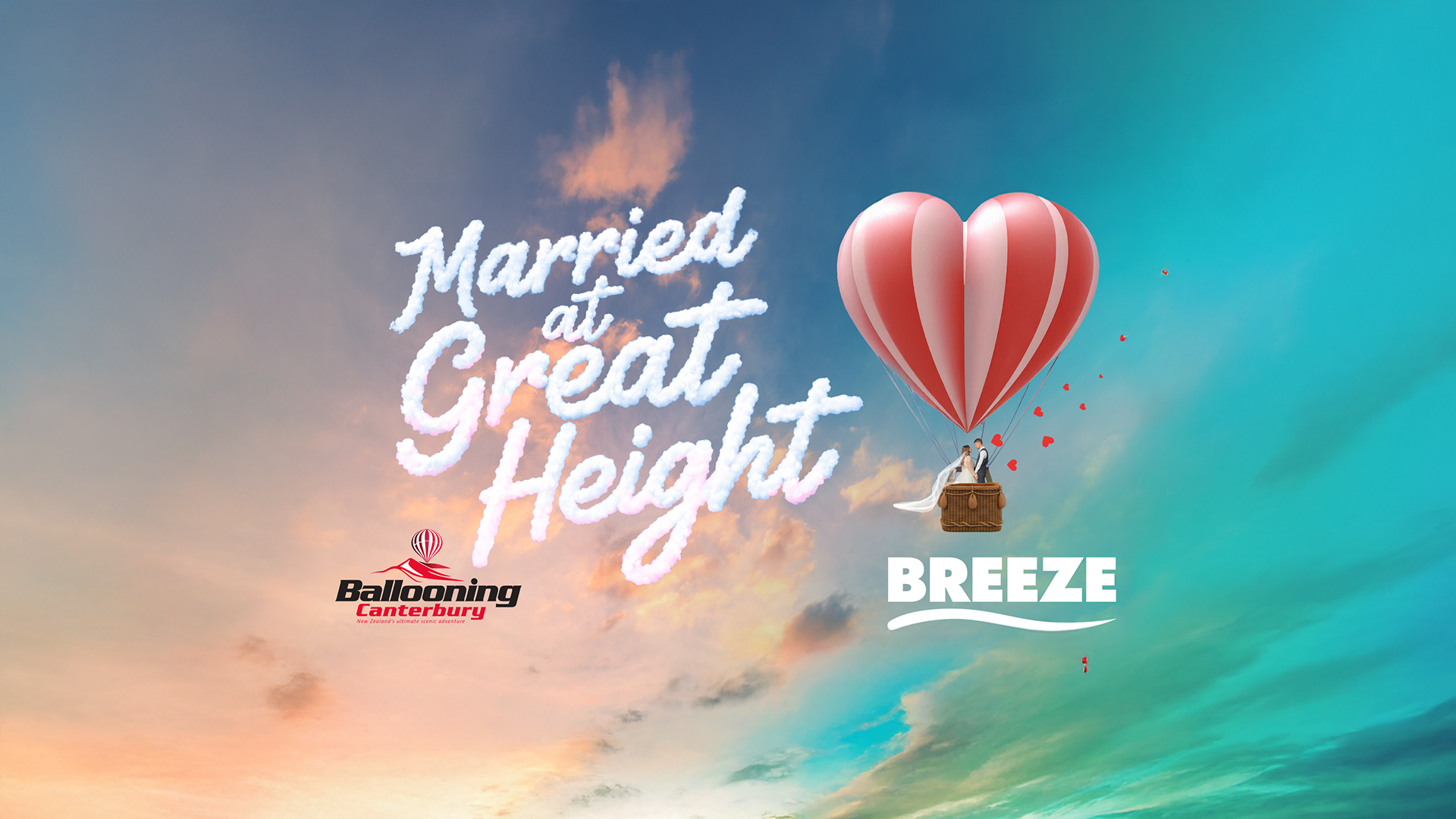 A wedding couple in a heart-shaped hot air balloon floats above a sunset sky with cloud text "Married at Great Height"; "Ballooning Canterbury" and "BREEZE" logos are visible.