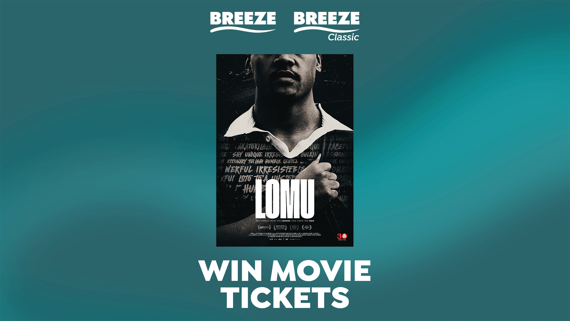 A teal background with two "BREEZE" logos features a movie poster for "LOMU" in the center with a black and white image of a man, and "WIN MOVIE TICKETS" text at the bottom.