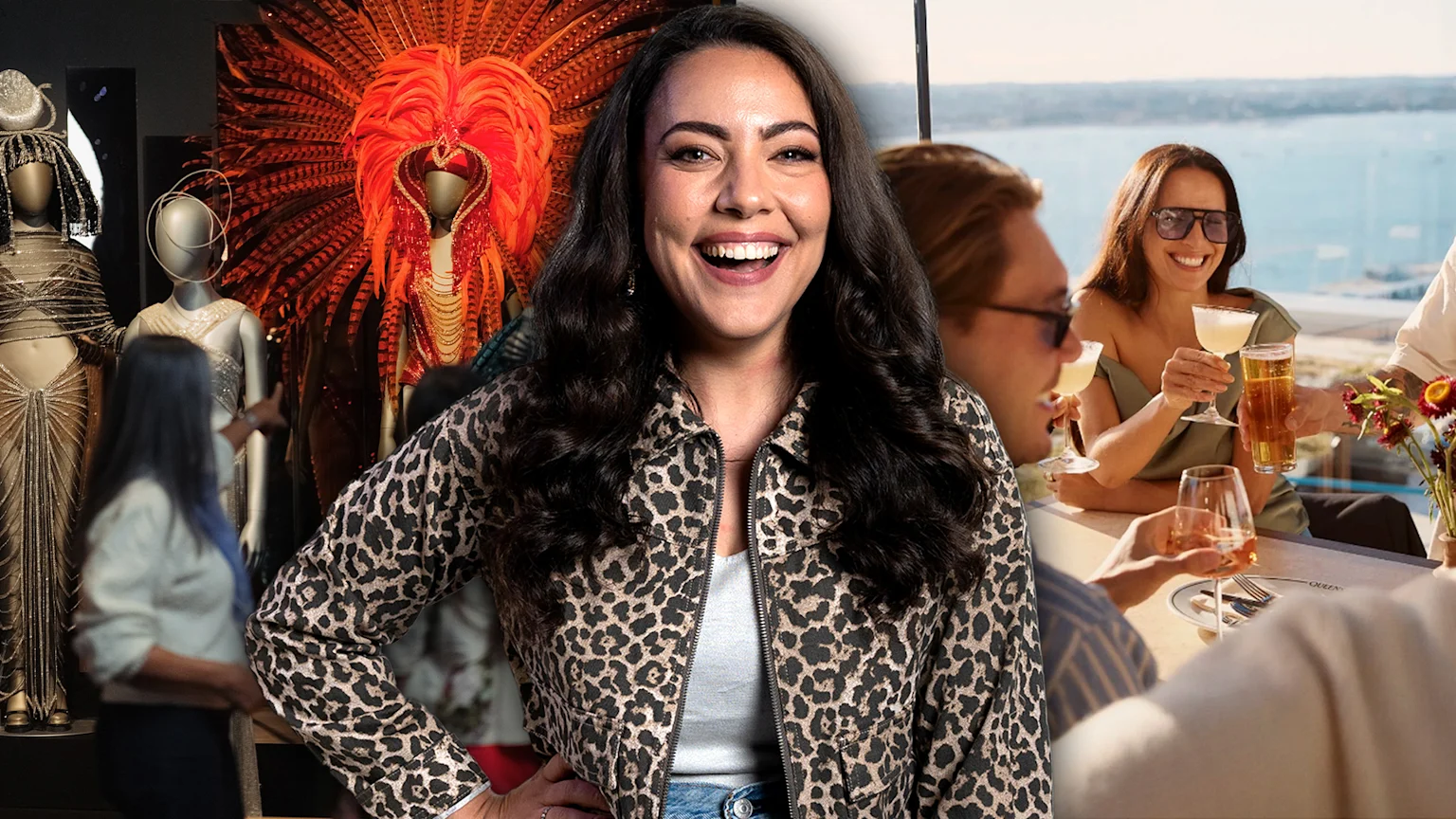 More FM's Ash London layered in front of two images. On the left is the Auckland Museum DIVA exhibit (an extravagant orange gown with feather headdress). On the right is a woman enjoying a cocktail on a rooftop bar overlooking harbour views.