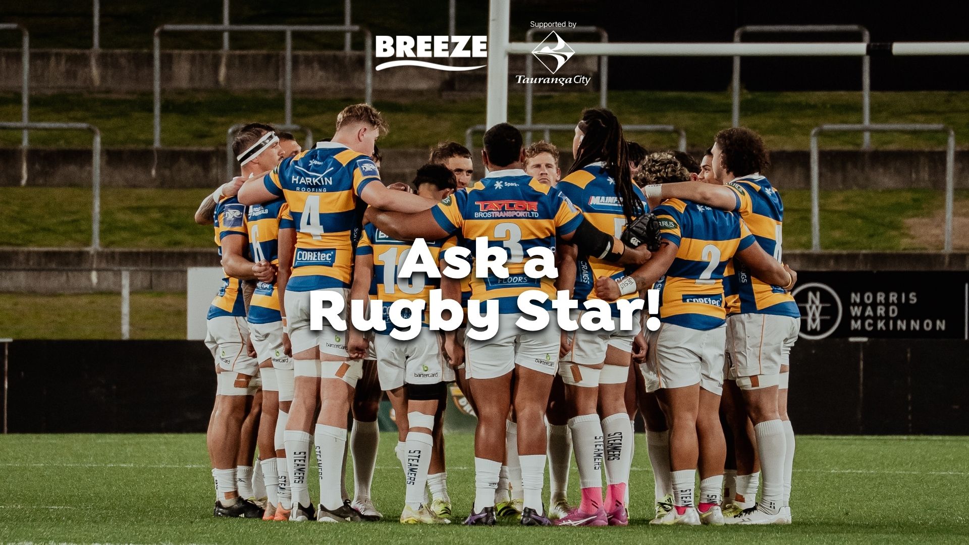A group of rugby players in blue and yellow striped jerseys huddle on a green field, with a stadium in the background and "Ask a Rugby Star!" text overlay.