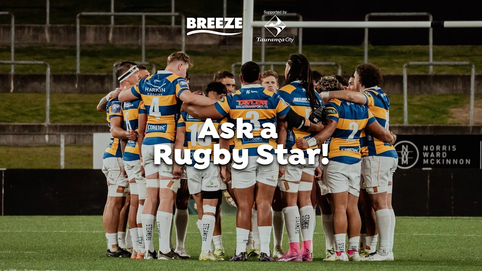 A group of rugby players in blue and yellow striped jerseys huddle on a green field, with a stadium in the background and "Ask a Rugby Star!" text overlay.