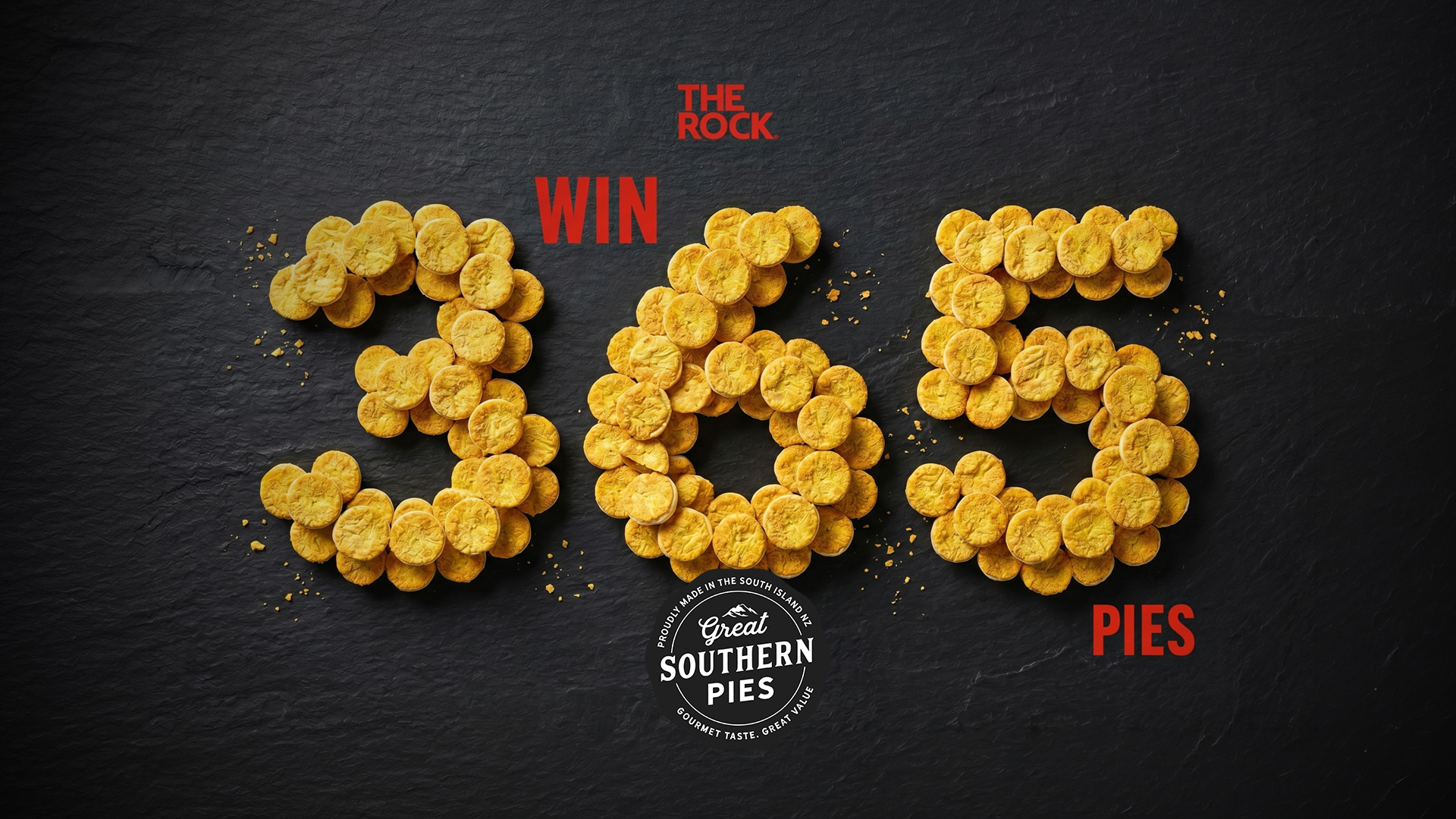 Golden, round food items form the number 365 on a black background, with red text reading "WIN" and "PIES," and a "Great Southern Pies" logo.