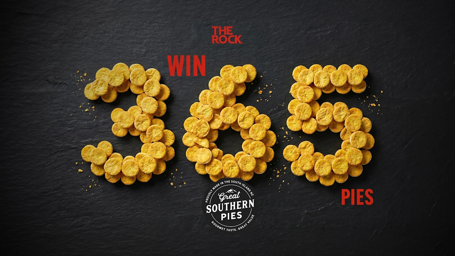 Golden, round food items form the number 365 on a black background, with red text reading "WIN" and "PIES," and a "Great Southern Pies" logo.