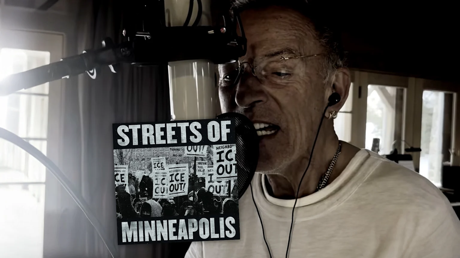 Bruce Springsteen singing, and the album art for Streets Of Minneapolis