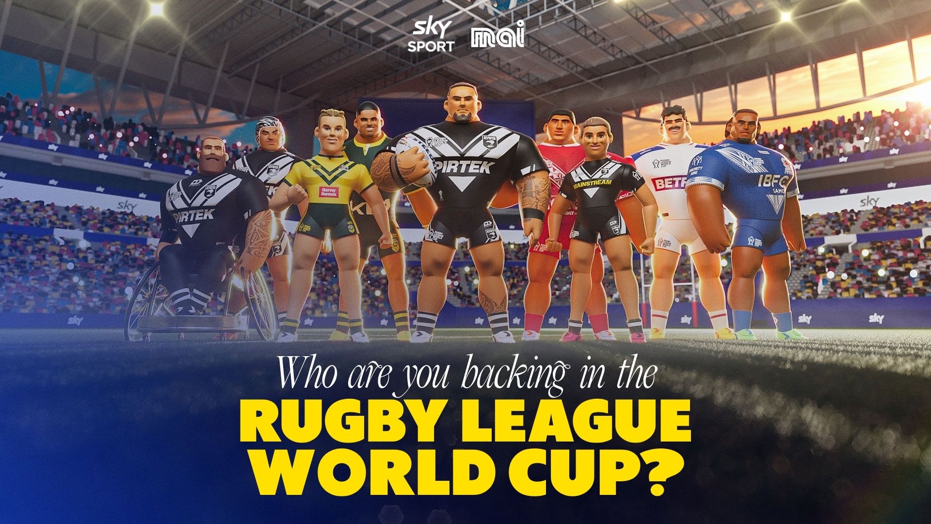 Stylized rugby league players in various national team jerseys stand on a stadium field with the question "Who are you backing in the Rugby League World Cup?" and Sky Sport branding.