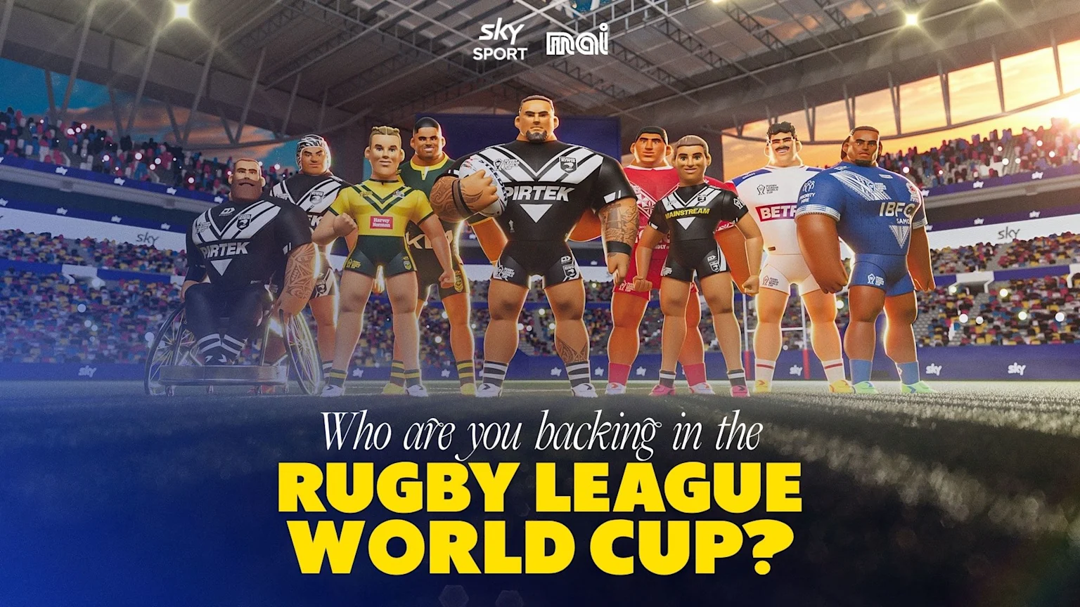 Stylized rugby league players in various national team jerseys stand on a stadium field with the question "Who are you backing in the Rugby League World Cup?" and Sky Sport branding.
