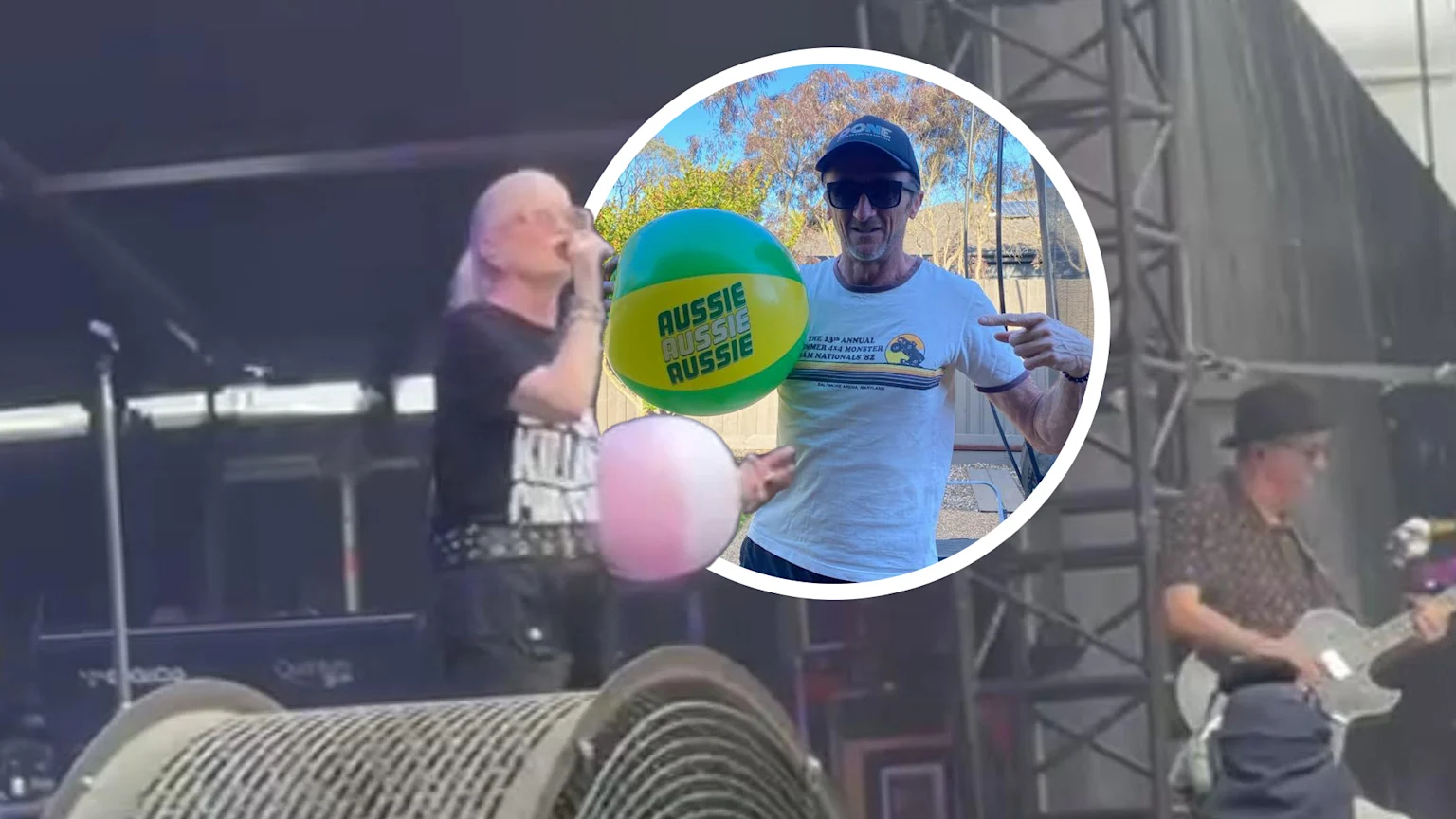 Shirley Mason onstage. Fan holding a small beach ball.