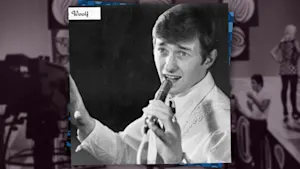 Image of Ray Woolf performing with microphone overlayed on image of the set of the 'C'mon' TV show
