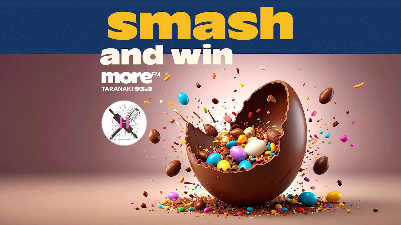 A cracked chocolate Easter egg overflows with colorful candies and chocolate pieces, next to the text "smash and win", "more FM", and a radio logo.