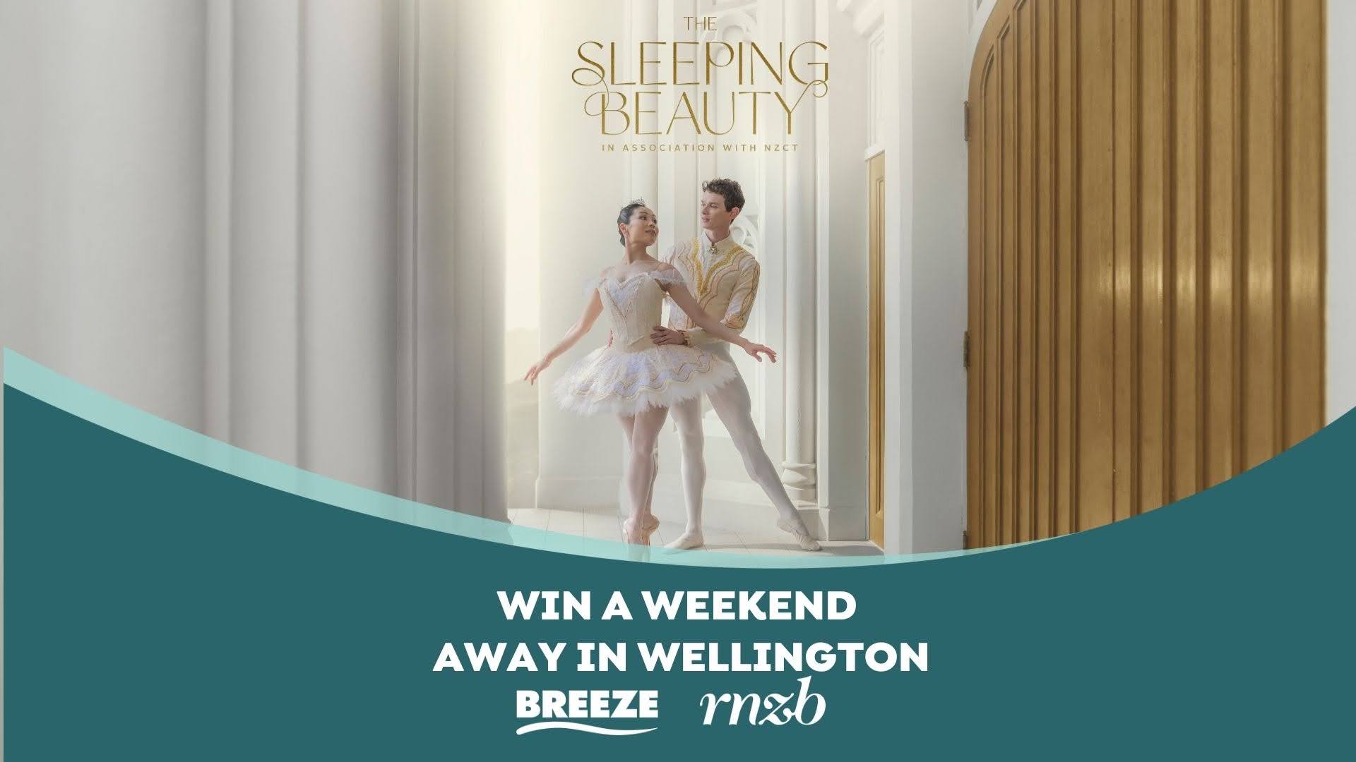 Two ballet dancers in elaborate white and gold costumes pose gracefully in a brightly lit, elegant hall, with "THE SLEEPING BEAUTY" title at the top and a promotional offer at the bottom.