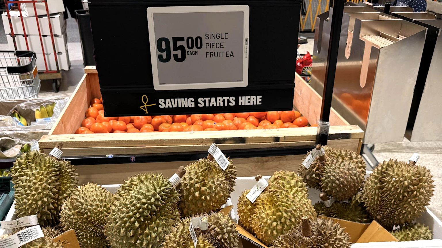 Durian fruit for sale at NZ supermarket Pak'n'Save for $95
