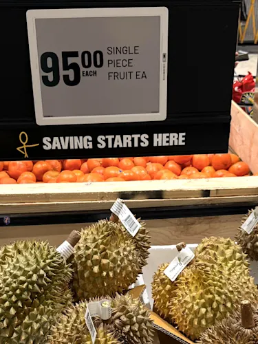Durian fruit for sale at NZ supermarket Pak'n'Save for $95