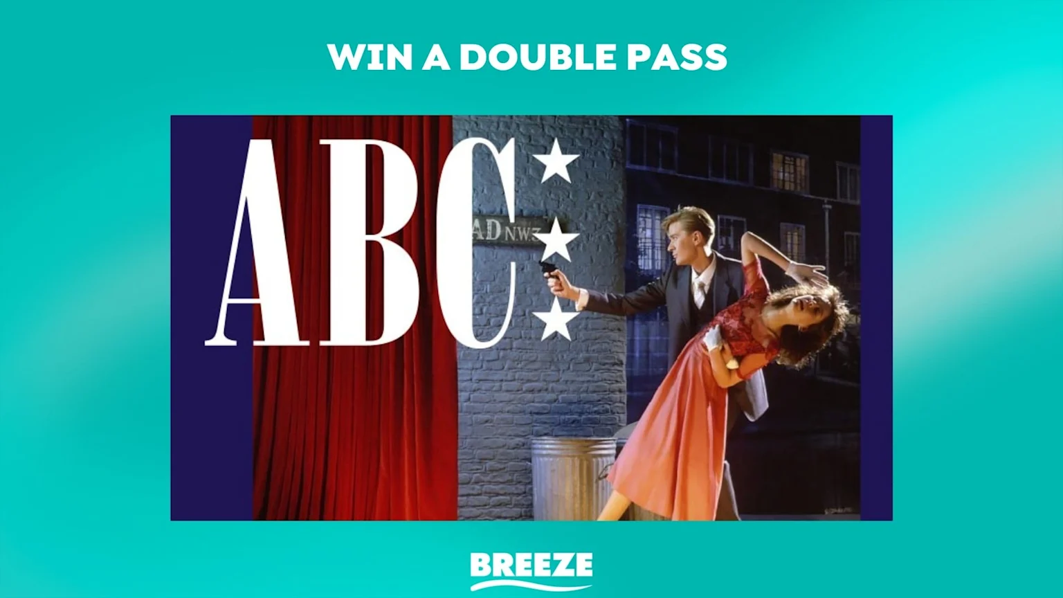 Large white letters "ABC" are superimposed over a dramatic scene with a man in a suit pointing a gun and a woman in a red dress dancing or falling.