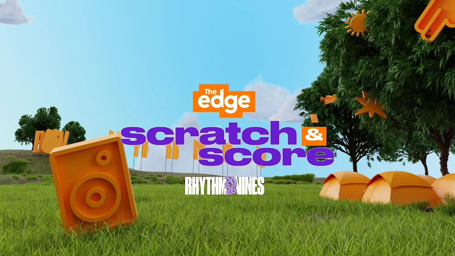 A vibrant 3D rendered image features "The Edge scratch & score" text above "RHYTHM & VINES 2026", set in a sunny grassy field with orange tents, a large speaker, trees decorated with orange symbols, and distant orange flags and letters.