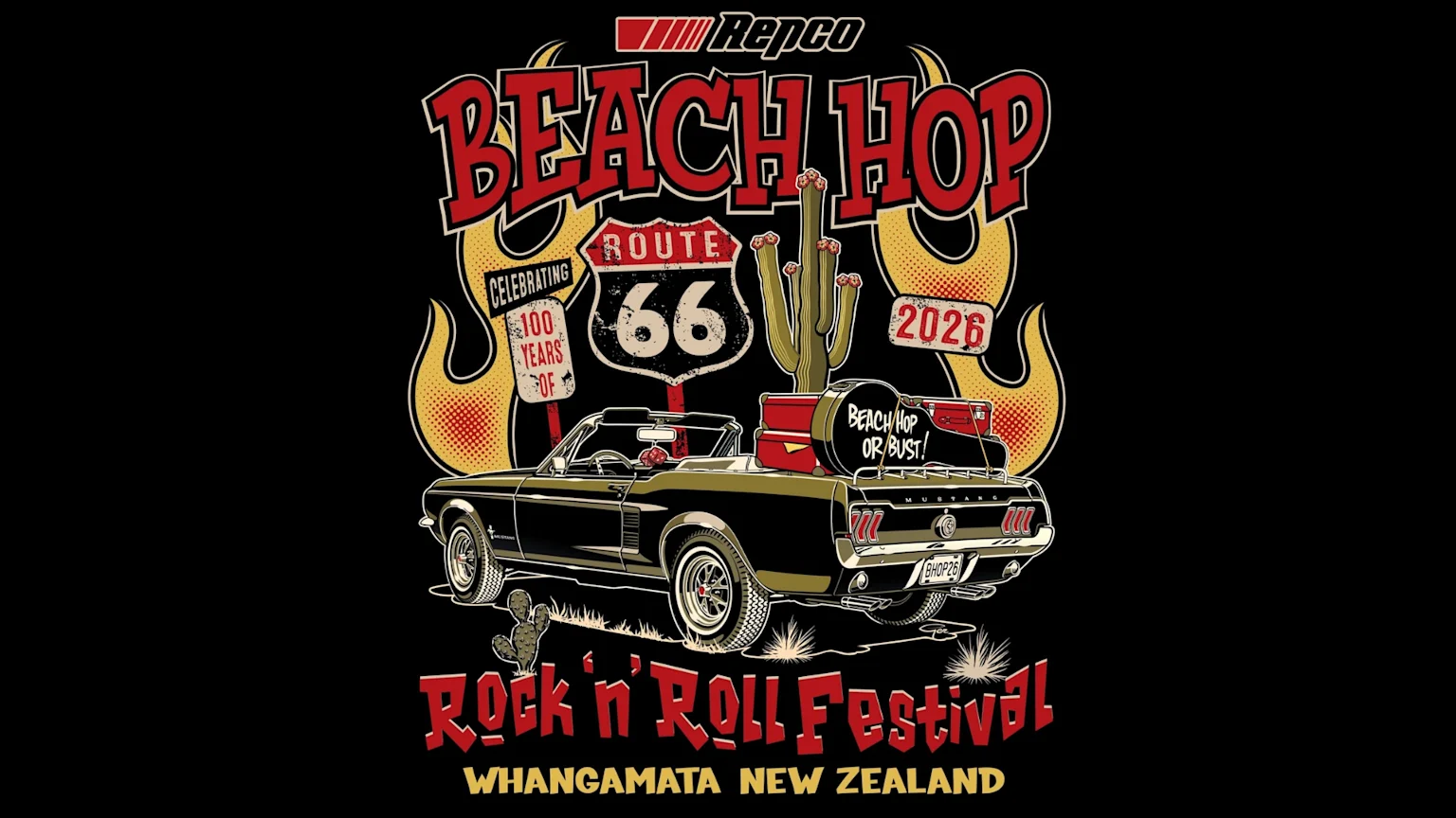 A vintage-style poster for the Repco Beach Hop 2026 Rock 'n' Roll Festival, featuring a classic black convertible car with luggage, a Route 66 sign, a cactus, and flames, celebrating 100 years in Whangamata, New Zealand.