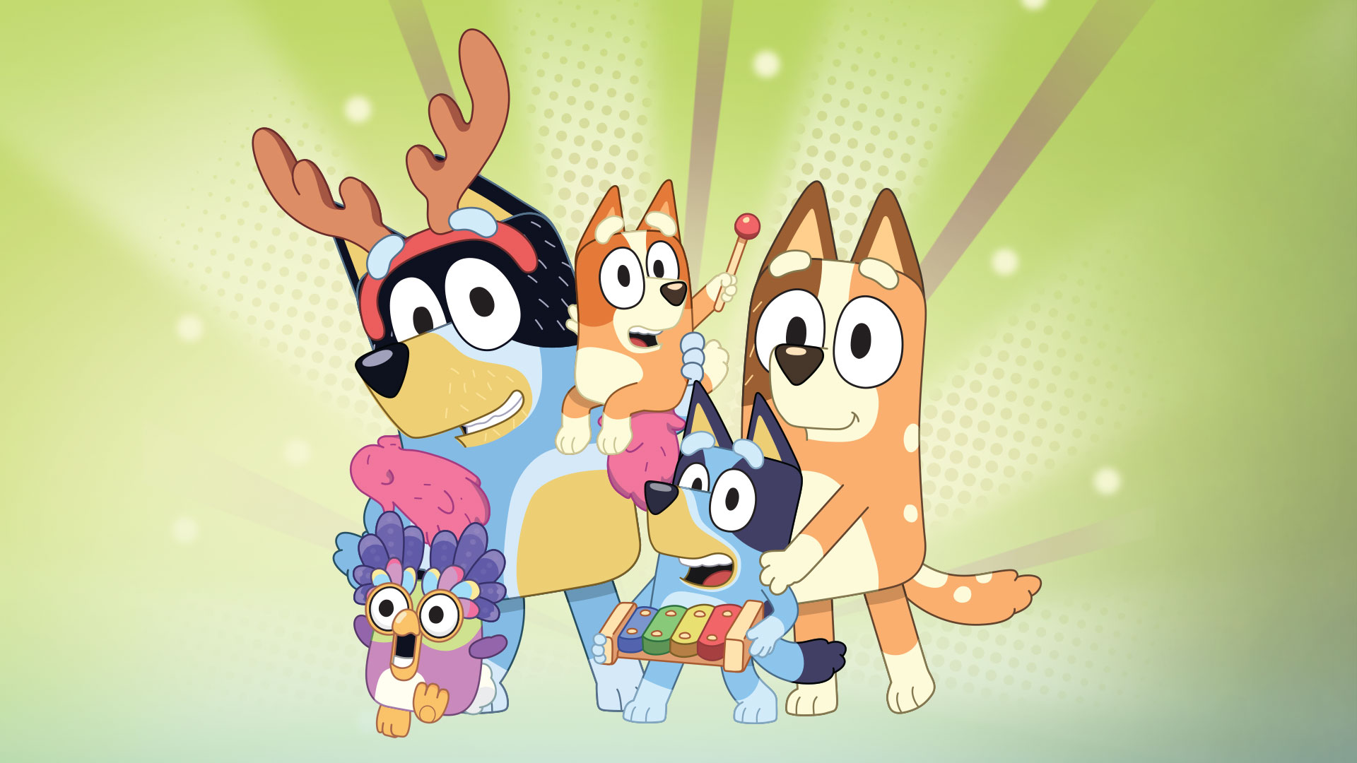Animated Bluey, Bingo, Bandit (in antlers), Chilli, and Chattermax are depicted against a green background, with Bluey playing a xylophone and Bingo holding a mallet.