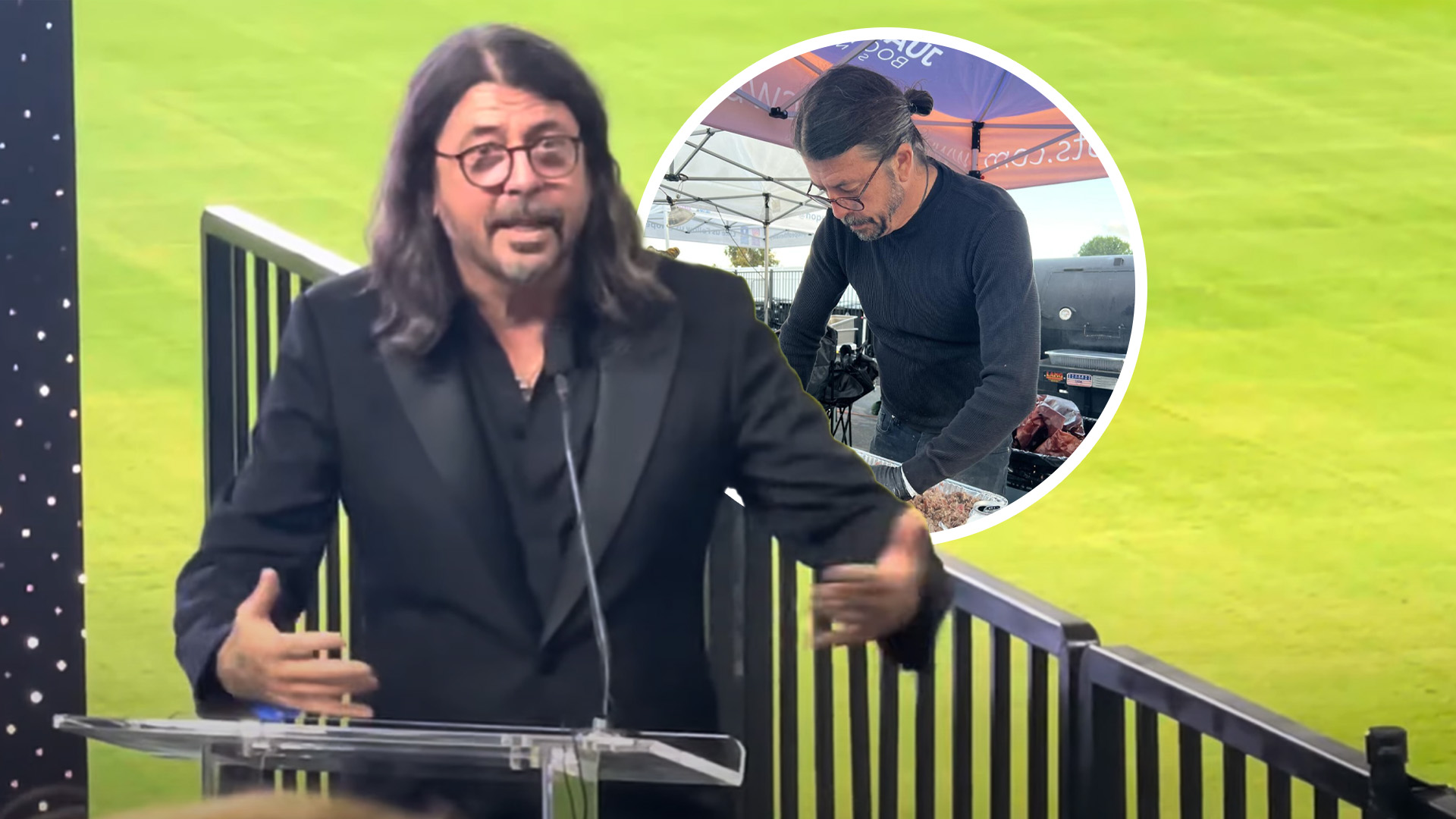 Dave Grohl saying his acceptance speech, also a photo of him feeding the homeless