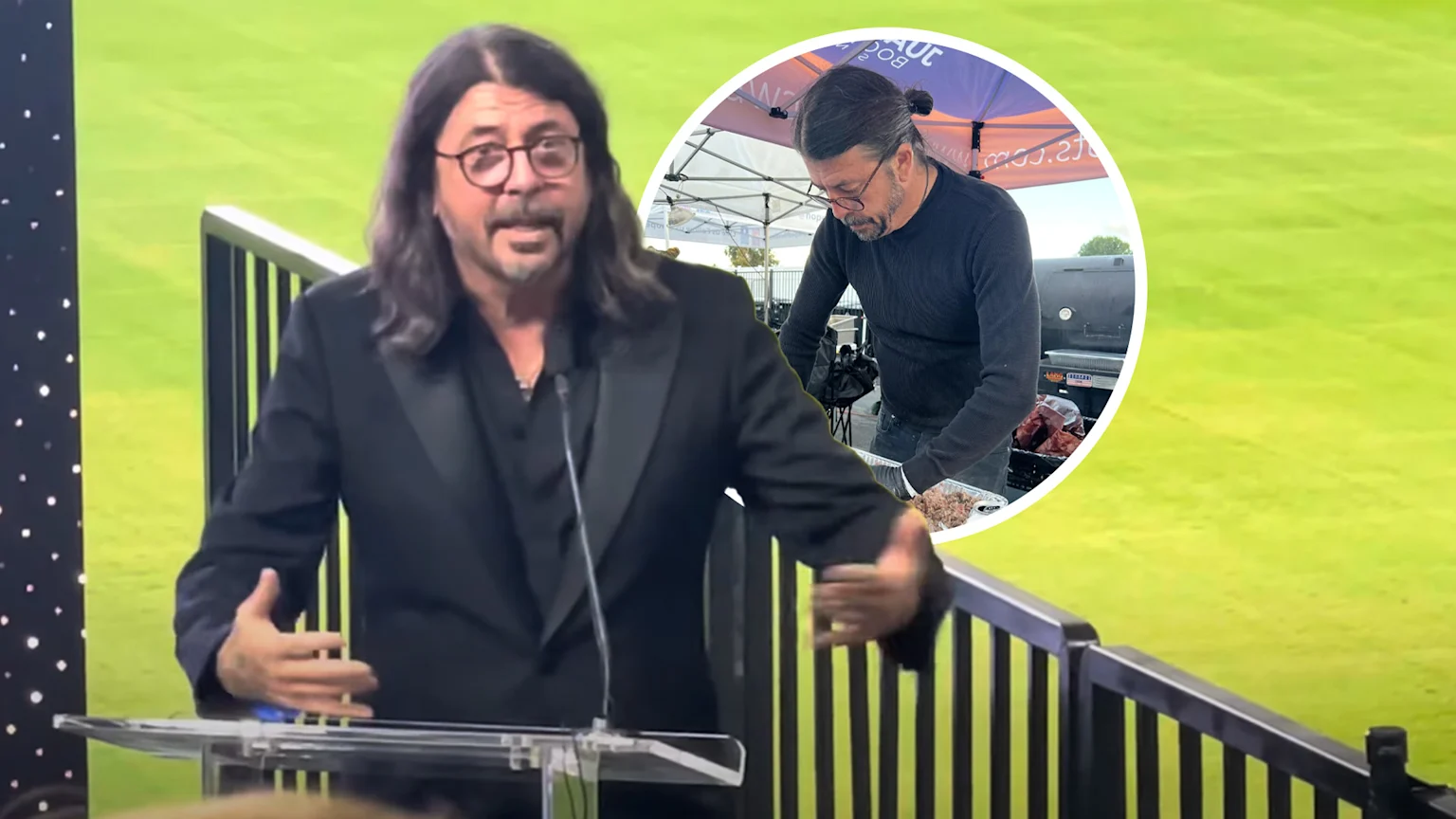 Dave Grohl saying his acceptance speech, also a photo of him feeding the homeless