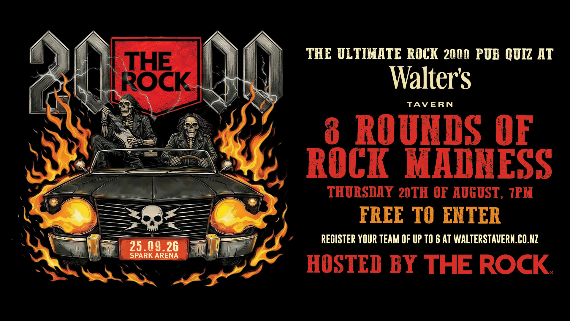 A poster advertising "The Ultimate Rock 2000 Pub Quiz" at Walter's Tavern with "8 Rounds of Rock Madness," hosted by The Rock, featuring a fiery classic car with skeleton musicians and the "2000 THE ROCK" logo.