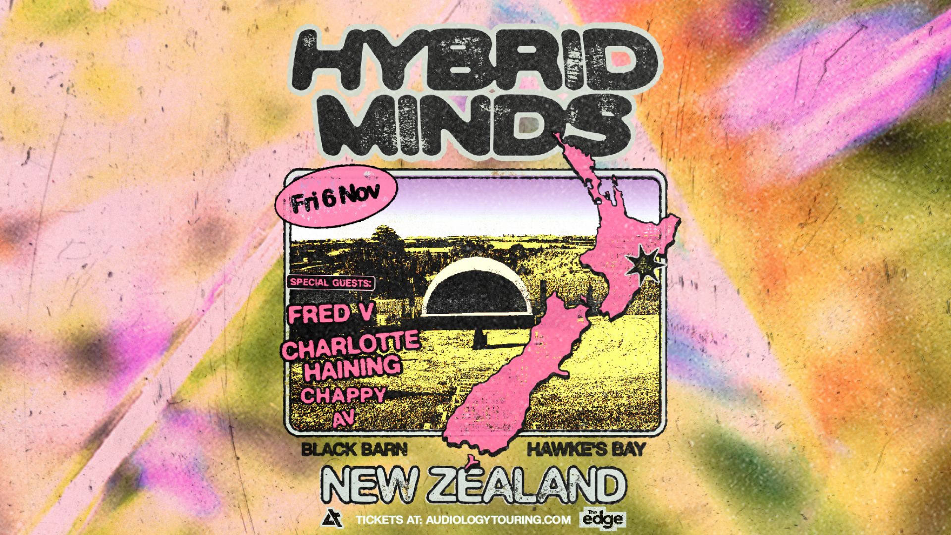 A colorful, distressed poster for a Hybrid Minds event, featuring a map of New Zealand, event details including "Fri 6 Nov," special guests, and "Black Barn Hawke's Bay New Zealand" with ticket info.