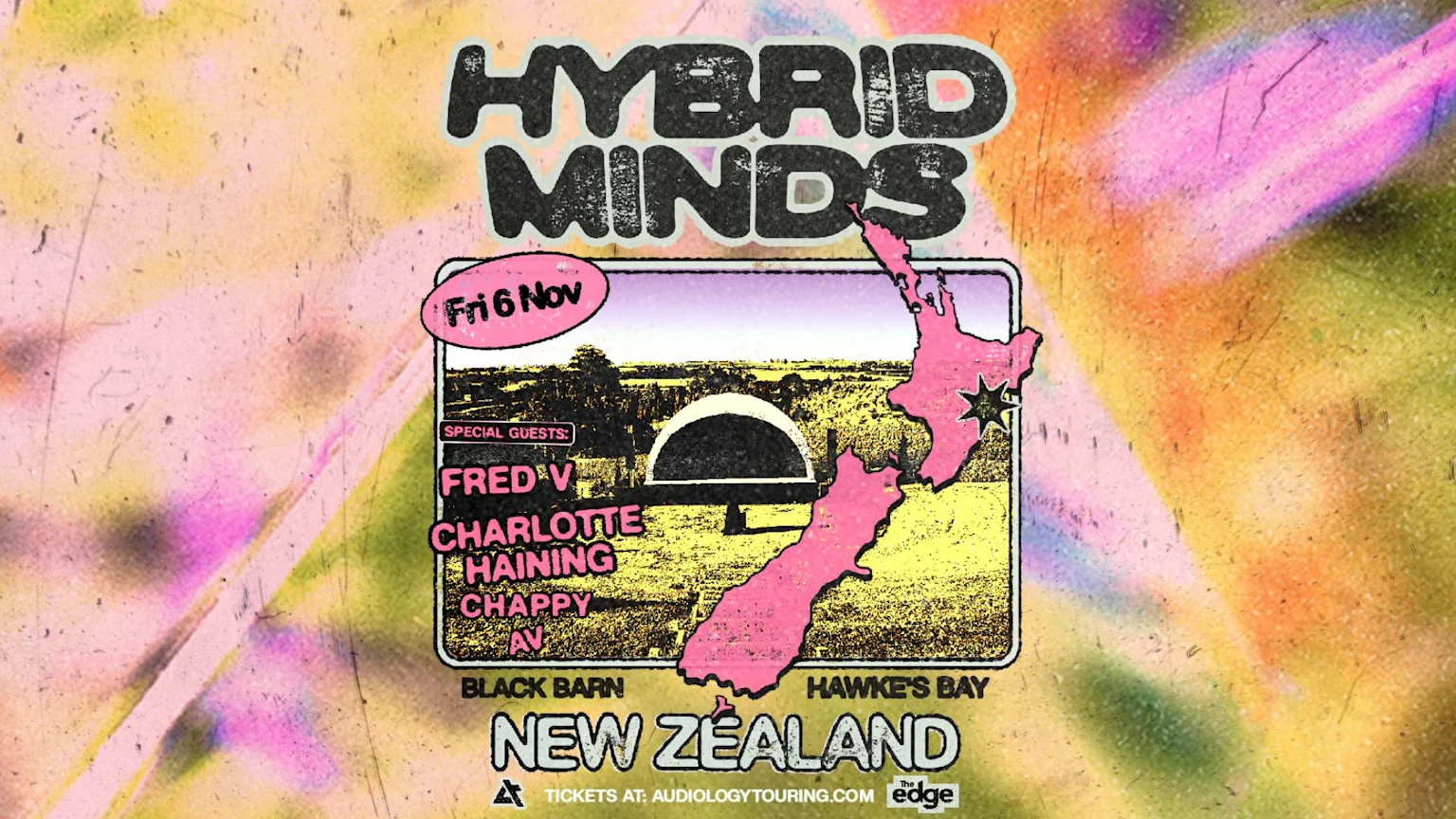 A colorful, distressed poster for a Hybrid Minds event, featuring a map of New Zealand, event details including "Fri 6 Nov," special guests, and "Black Barn Hawke's Bay New Zealand" with ticket info.