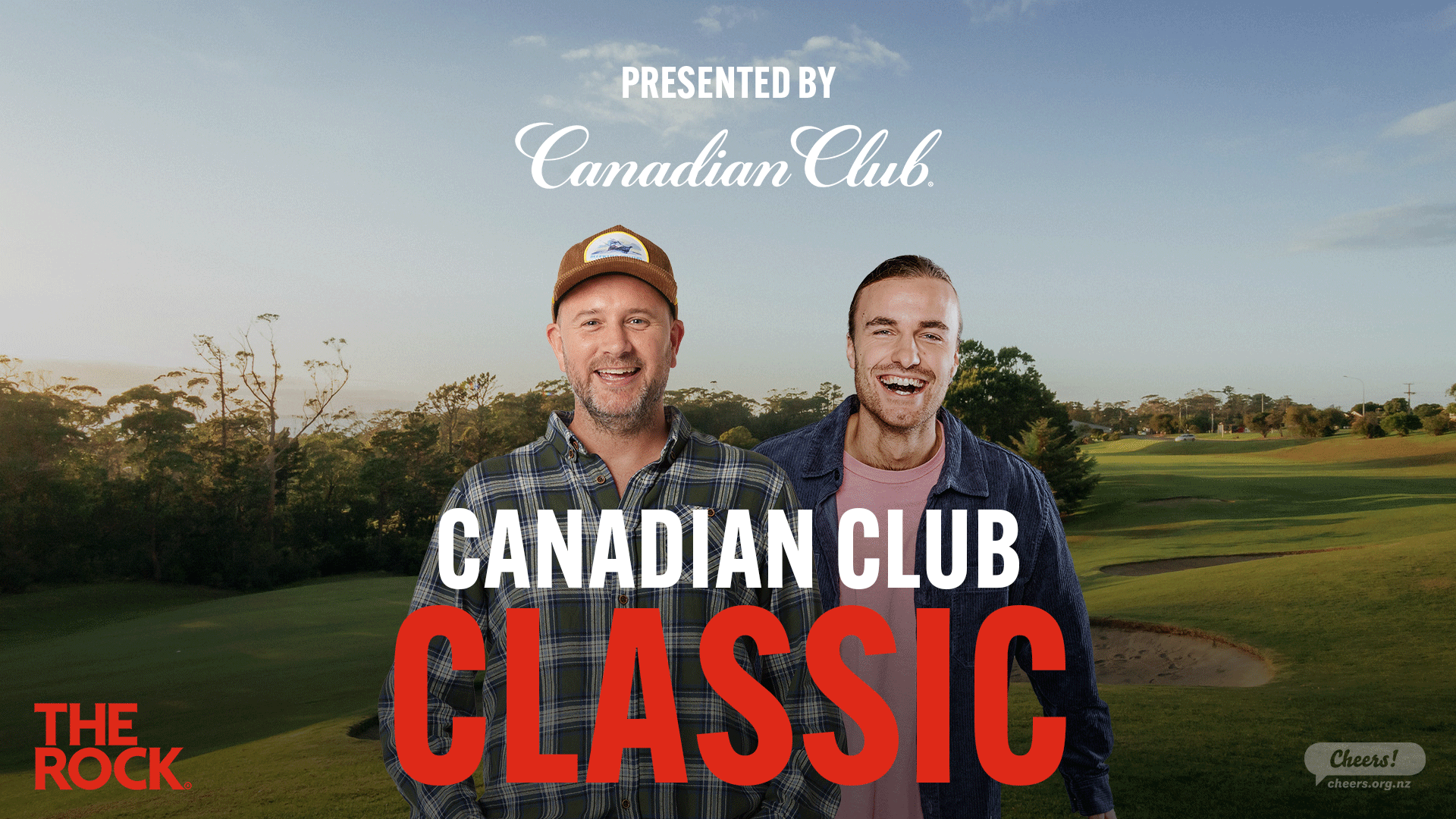 Two smiling men stand on a golf course with "PRESENTED BY Canadian Club" and "CANADIAN CLUB CLASSIC" text.