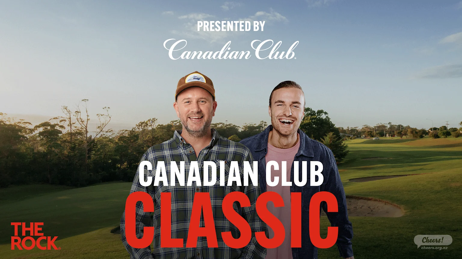 Two smiling men stand on a golf course with "PRESENTED BY Canadian Club" and "CANADIAN CLUB CLASSIC" text.