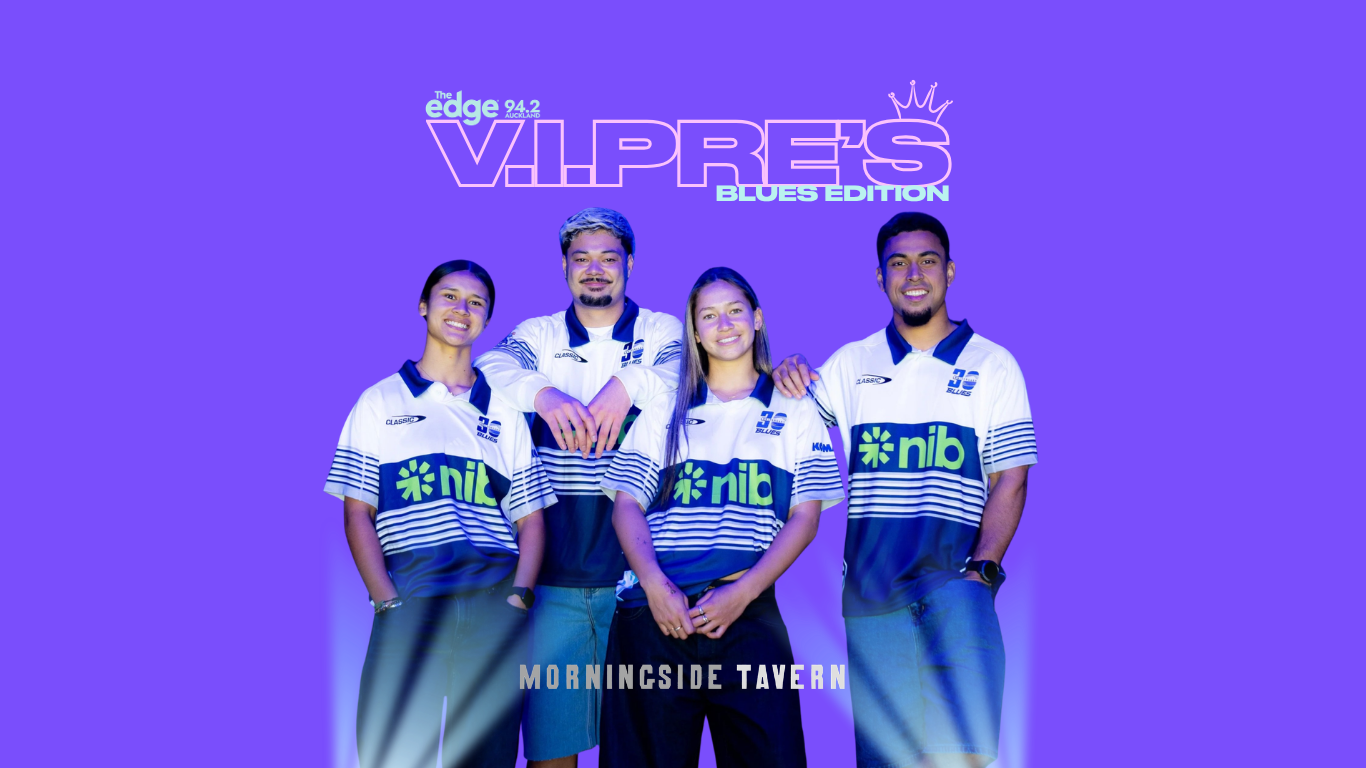 Four young people in white and blue Blues rugby-style shirts smile and pose against a purple background, with "The Edge V.I.PRE'S BLUES EDITION" text overhead and "MORNINGSIDE TAVERN" below.