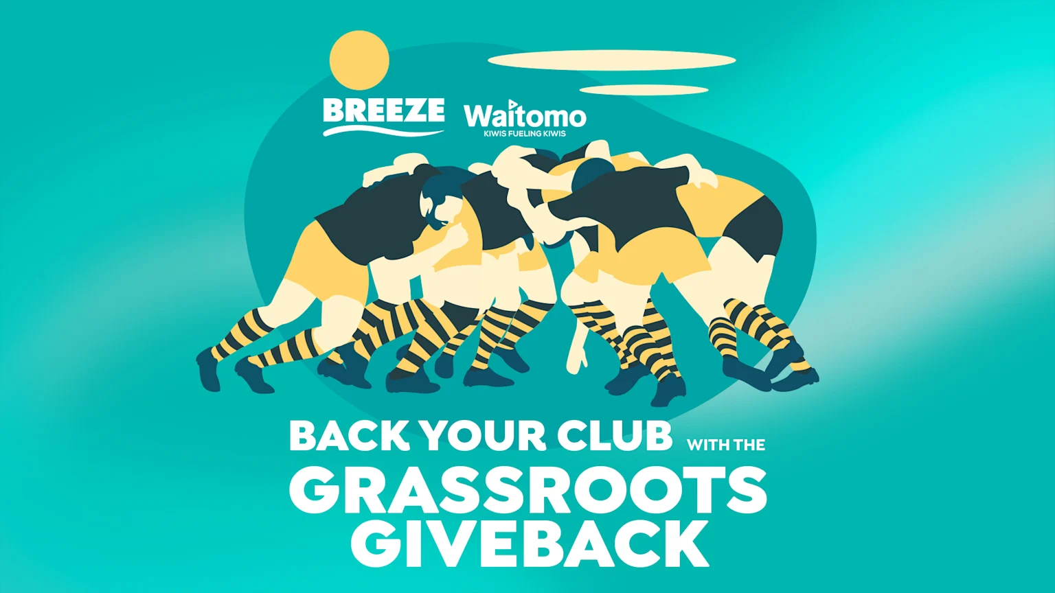 An illustration of a rugby scrum with players in dark and yellow uniforms, under the "BREEZE Waitomo" logo, with text "BACK YOUR CLUB WITH THE GRASSROOTS GIVEBACK."