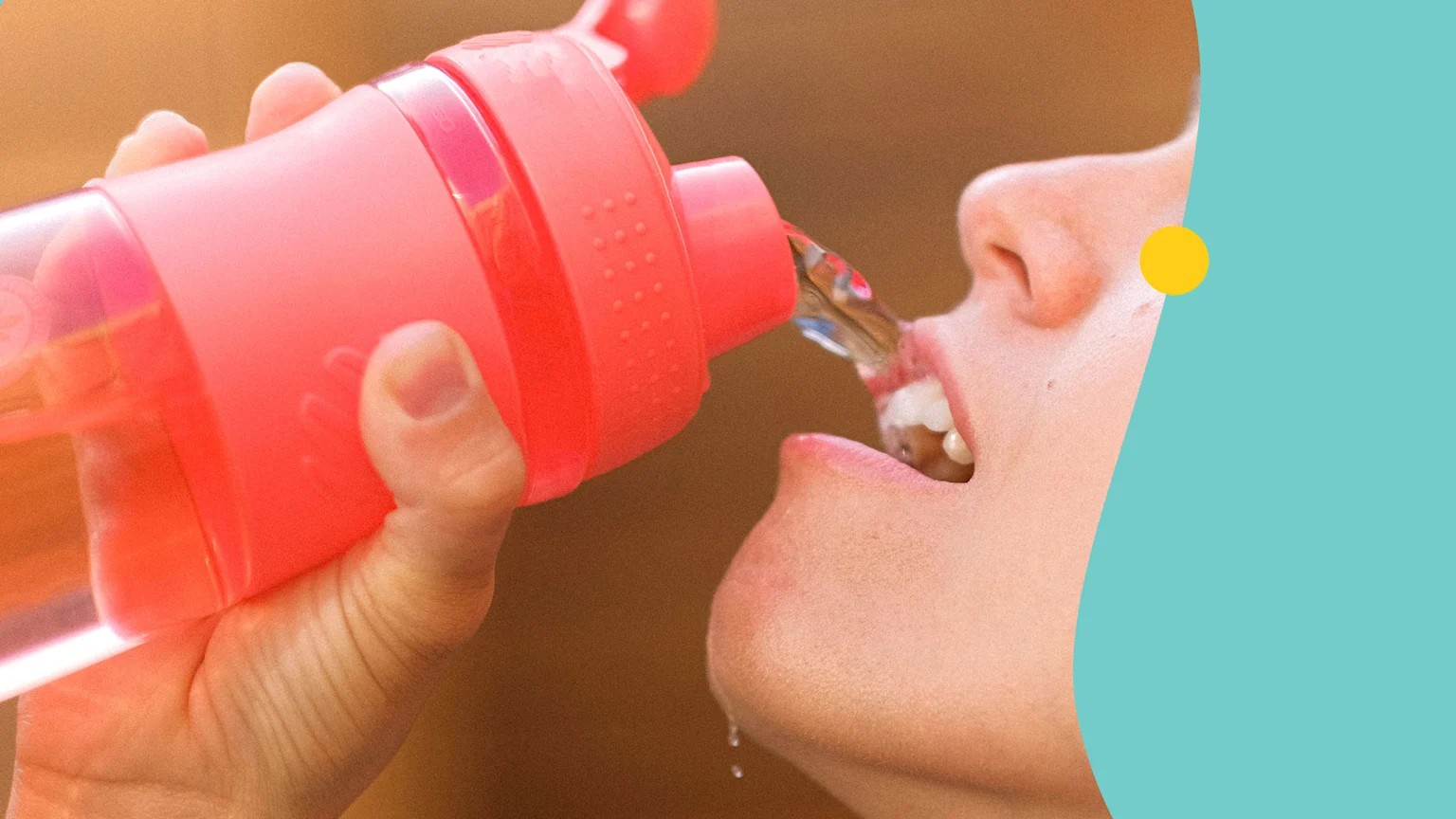 Close-up of a person drinking water from a pink bottle, with water dripping from their chin.