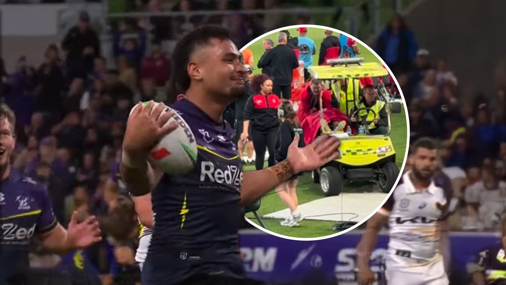 Photo of rugby league star with a photo next to it of him in a stretcher