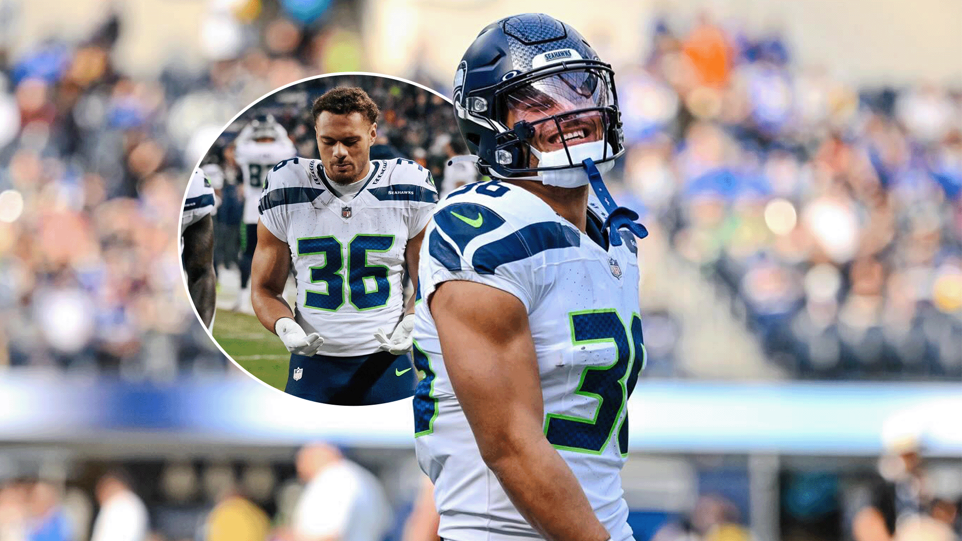 A composite photograph showing an adult male American football player in a white Seattle Seahawks jersey with dark blue shoulders and lime green number 36. The main image depicts him smiling with a dark blue helmet with a visor and white face mask, looking upward. The inset shows the same player with a neutral expression, looking downward, wearing white gloves. The background is a blurred stadium crowd during a daytime outdoor sports event.