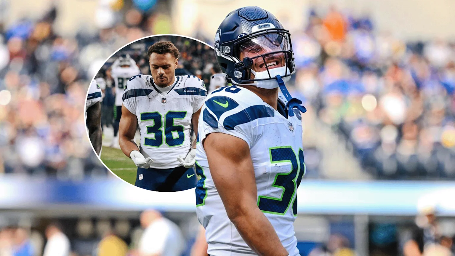 A composite photograph showing an adult male American football player in a white Seattle Seahawks jersey with dark blue shoulders and lime green number 36. The main image depicts him smiling with a dark blue helmet with a visor and white face mask, looking upward. The inset shows the same player with a neutral expression, looking downward, wearing white gloves. The background is a blurred stadium crowd during a daytime outdoor sports event.