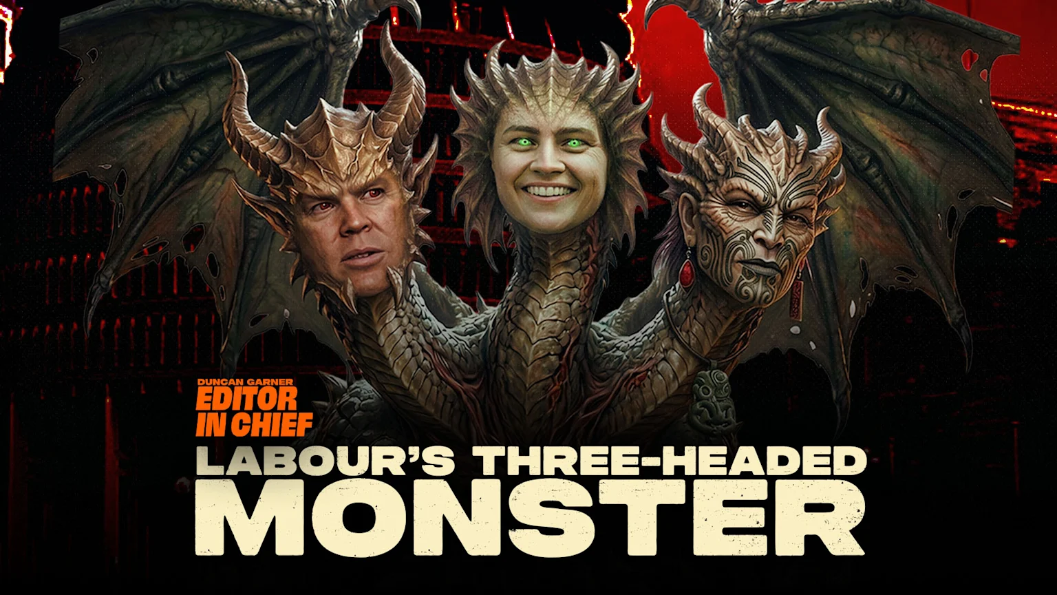 A three-headed dragon-like monster features the faces of a man with red eyes, a smiling woman, and a woman with facial tattoos, with text "LABOUR'S THREE-HEADED MONSTER".