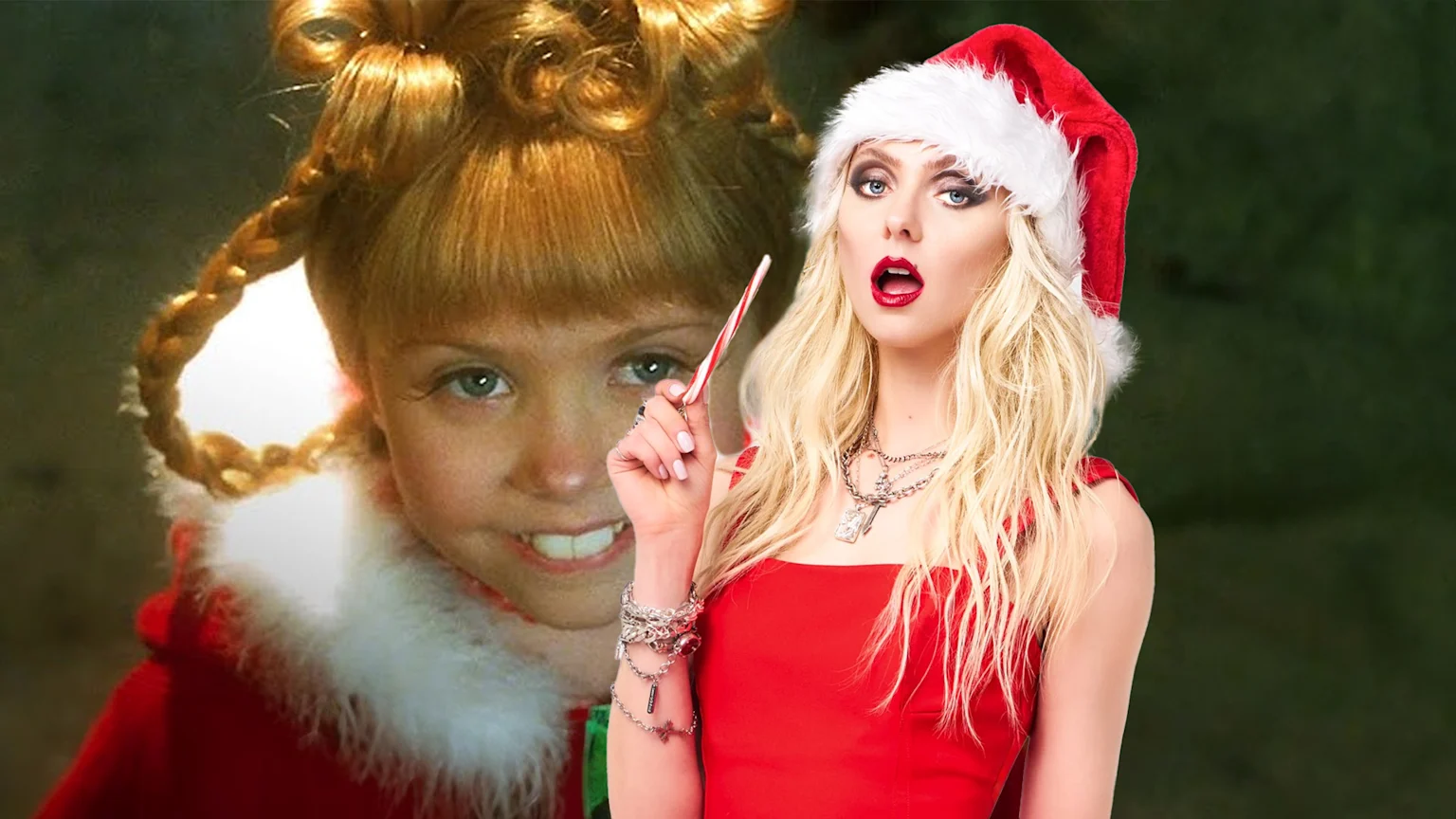 Taylor Momsen as Cindy Lou Who and herself now in 2025, dressed in a christmas outfit.